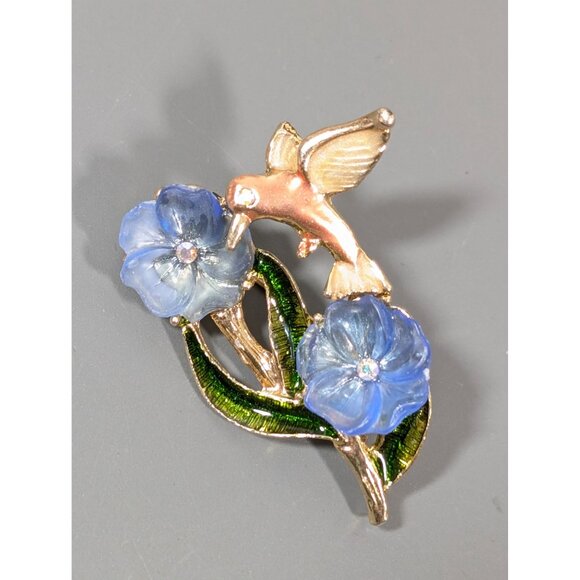 Vintage Hummingbird Pin Brooch Blue Lucite Flowers Gold Tone - Picture 2 of 7